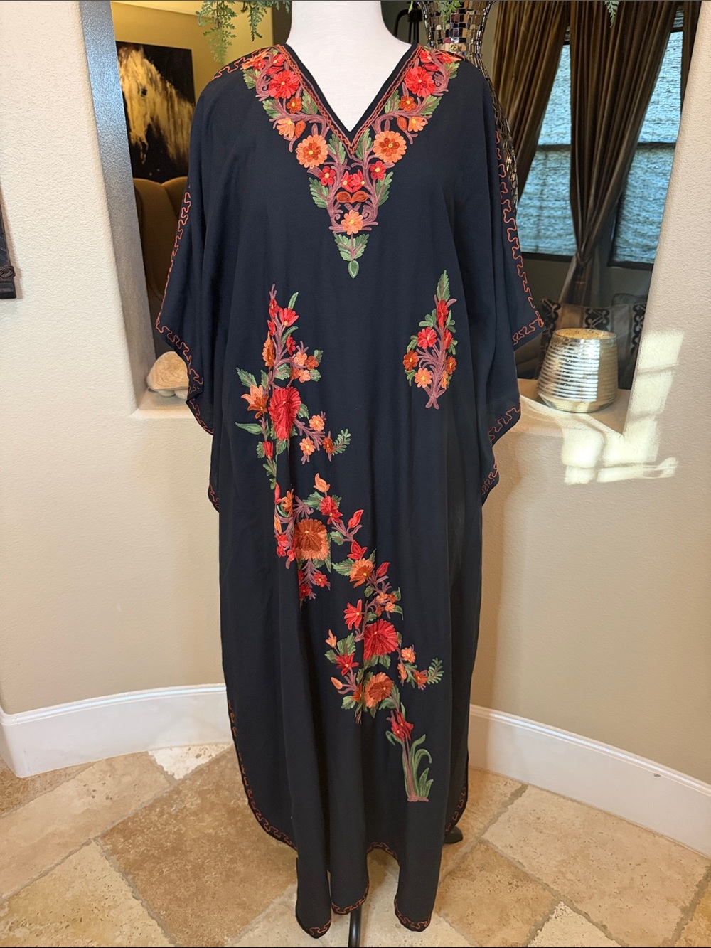 Black Floral Embroidered V-Neck Maxi Dress